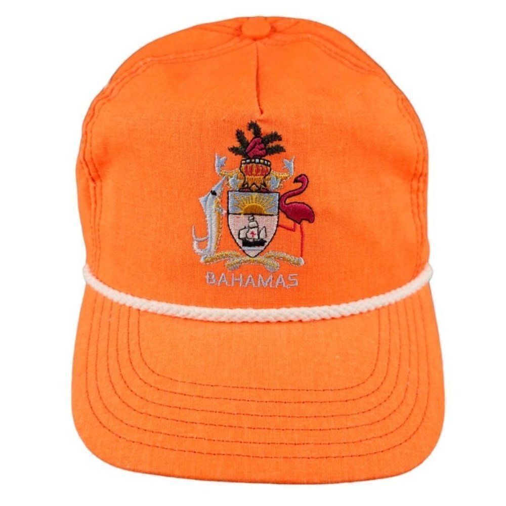 Vintage Bahamas Snapback Hat Mens One Size Orange 80s Rope Cap Coat Of Arms